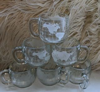 6 Vintage Nestle Nescafe Etched Clear Glass World Globe Coffee Mugs Cups