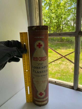 Vintage Red Cross ZO Adhesive Plaster Container Advertising Tin Display 2