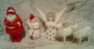 Vntg Plastic Rosbro Christmas Figures Santa Claus Angel White Reindeer Snowman