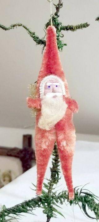 Red Chenille Santa Claus,  Plaster Face,  Holding Tree.  Japan.  Late 1940s Ornament