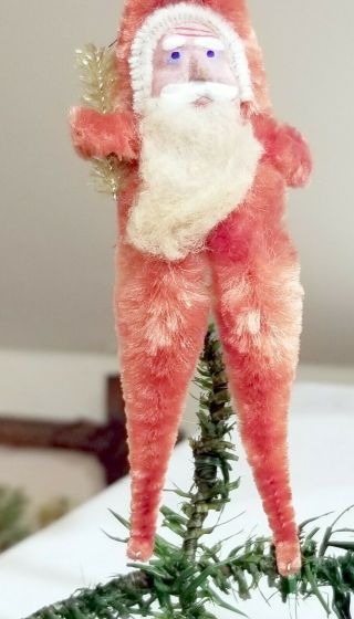 Red chenille Santa Claus,  plaster face,  holding Tree.  Japan.  Late 1940s Ornament 3