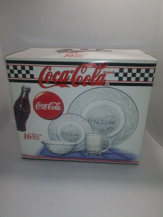 1997 Coca Cola 16 Piece Clear Glass Dinnerware Set