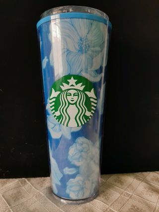 Starbucks Tumbler Cold Cup Blue Floral Cactus Flower Clear Lid 24 Oz Summer