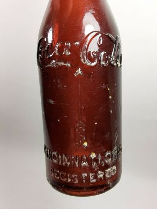 Amber straight - sided Coca Cola bottle arrow Cincinnati Ohio Early 1900 ' s Chipped 2