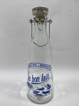 Vintage Le Bon Lait Large Glass Milk Bottle With Spring Porcelain Wire Top