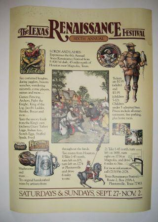 Texas 6th Annual Renaissance Festival Poster Lords & Ladies Plantersville 1980