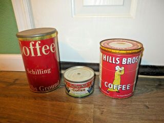 3 Vintage Coffee Tin Metal Cans Empty Hills Brothers Butter - Nut Schilling Lids