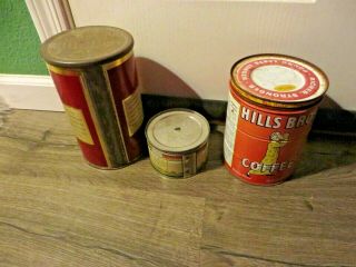 3 Vintage Coffee Tin Metal Cans Empty Hills Brothers Butter - Nut Schilling Lids 3