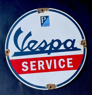 Vintage 1950’s Vespa Service 12”porcelain Sign Car Gas Oil Gasoline Truck
