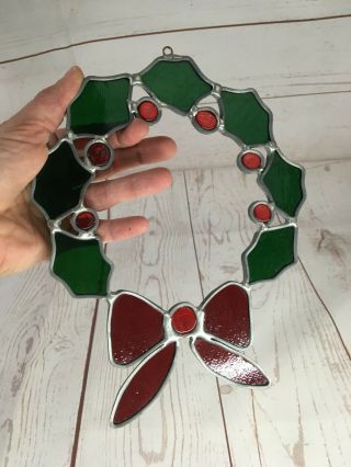 Stained Glass Wreath Window Décor Sun Catcher Hand Made Christmas Holiday Berry