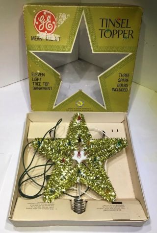 Ge Merry Midget Vtg Christmas Gold Star Tinsel Tree Topper Ornament W/ Box