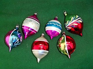 6 Indent Tear Drop Christmas Hand Painted Glass Ornaments 3 1/2 " - 4 " Tall