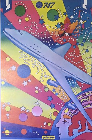Vintage Peter Max Psychedelic Poster - Pan Am 747 - Cond - 50 Years Old