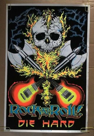 Rock And Roll Die Hard Vintage Blacklight Poster Velvet Skull Skeleton