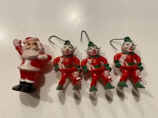 Vintage 1950s Christmas Rosbro Hard Plastic Elves Set Of 3,  Santa Lollipop Hold