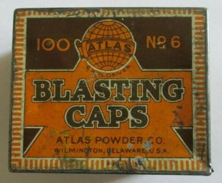 Vintage Atlas Powder Co.  100 N0.  6 Blasting Caps Tin Box