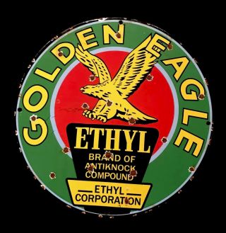 Vintage 1950’s Golden Eagle Ethyl 12” Porcelain Sign Car Truck Oil Gas Gasoline