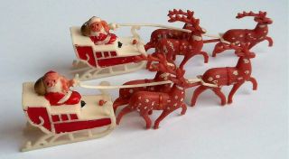 2 Miniature Vintage Soft Plastic Santa Claus Christmas Sleighs With Reindeer