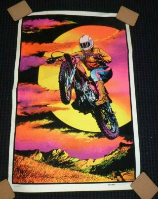 Vtg 1975 Velva Print Flocked Black Light Poster Night Rider Motorcycle 23x34