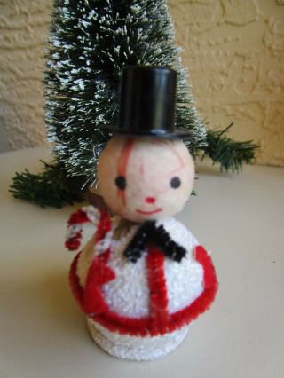 Vintage Snowman Spun Cotton Head & Putz & Mica&chenille Candy Cane Xmas Ornament
