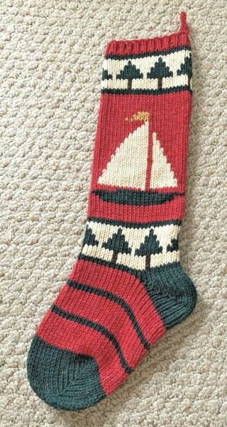 Christmas Cove Designs Sailboat Trees Stocking Handmade Maine 100 Wool Knitted