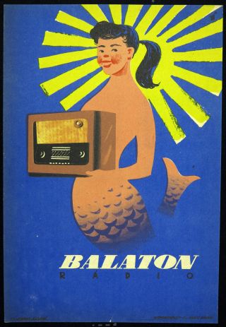 Vtg Orig,  Advertising Poster Balaton Radio With Mermaid