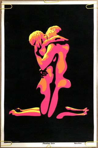 Vintage Black Light Poster Flaming Love Man Woman Love Sex Neon Trippy Pin - Up