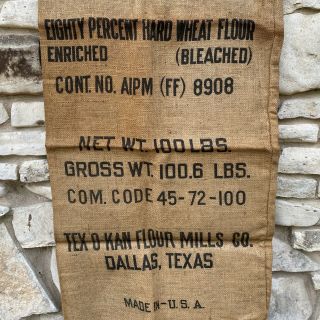 Tex O Kan Flour Mills Burlap Sack Bag 100 Lb Dallas Texas 39x19 Made In Usa Vtg