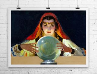 Mysterious Fortune Teller With Crystal Ball Fine Art Paper Giclee Print 32x24 In