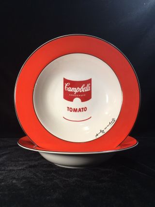 (2) Andy Warhol Block Art Campbell Soup Cans 9.  125 Inch Rimmed Soup Bowls -