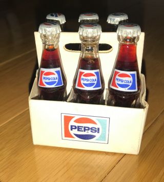 Vintage Miniature Pepsi - Cola 6 - Pack Full Bottles Glass 3 " Tall Cardboard 6pk