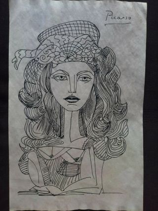 Pablo Picasso Drawing Portrait Ink On Old Paper