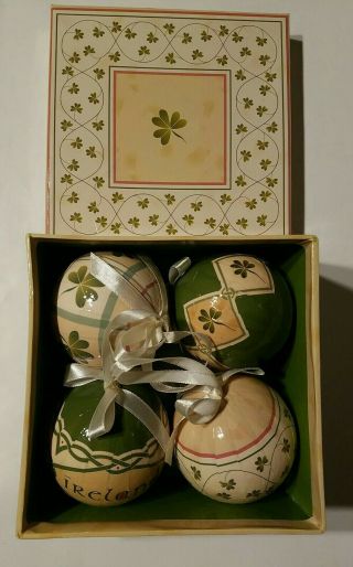 Box Of 4 Shamrock Paper Mache Gloss Baubles Ornaments Decorations St Patrick 