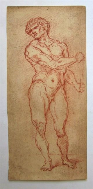 Old Master Italian School.  Red Chalk Male Nude On Laid Paper.