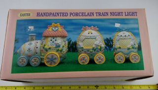Porcelain Easter Bunny Train Lighted Hand Painted Yellow Blue White 6 