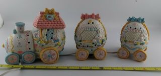 Porcelain Easter Bunny Train Lighted Hand painted Yellow Blue White 6 ' Light Cord 2