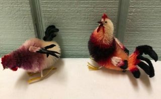 2 Vintage Chenille Pipe Cleaner Velvet Chickens
