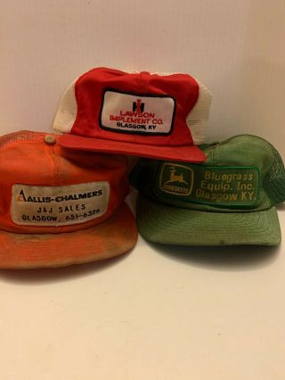3 Vtg Mesh Trucker Hats Allis Chalmers - Ih - John Deere Glasgow Ky Made In Usa