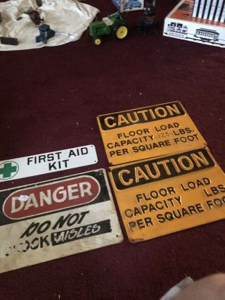 4 Vinage Safety Signs.  3 Plastic.  Metal First Aid Kit Sign