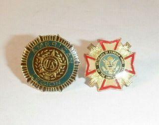 Two American Legion Veterans Of Foreign Wars Clothing Lapel Hat Pins Us Vfw