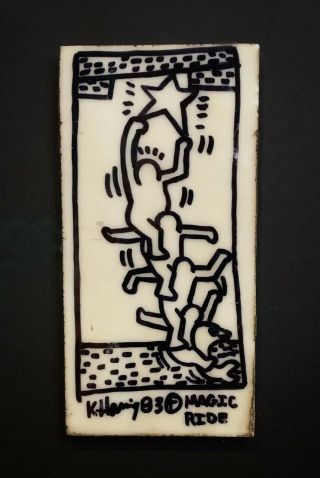 Keith Haring " Magic Ride " 1983 - Marker On Glass Subway Tile - Signed & Dated