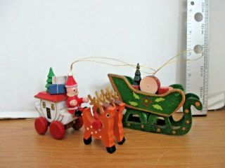 Set Of 2 Wooden Sleigh Christmas Ornaments Santa & His Sleigh Green Sleigh