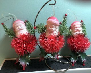 3 Vintage Christmas Tree Ornament Plastic Santa Claus Head Red Spiky Ball Holly