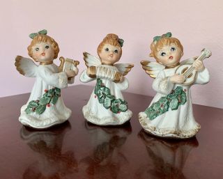 Christmas Angels Playing Musical Instruments Vintage Ceramic Set Of 3