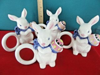 Set Of 4 Easter Bunny Rabbit Napkin Holders Rings Bunny Holding A Colorful Egg