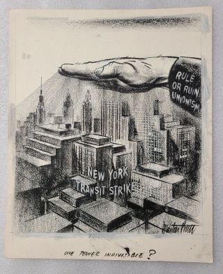 1980s Og Newton Pratt Signed Political Satire Cartoon York Transit Strike