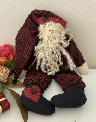 Primitive Folk Art Santa Fabric Doll Buttons Heart Country Handmade Decor