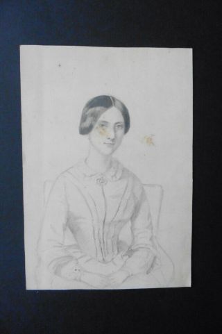 French School Ca.  1860 - Portrait Of A Young Woman - Pencil Drawing