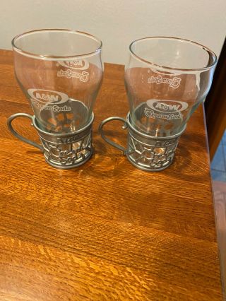 2 A & W Root Beer Cream Soda Glasses Metal Holder Base Mug Vintage