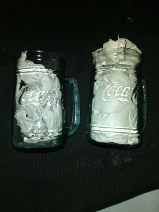 2 Rare Vintage Coca - Cola Coke Green Heavy Glass Embossed Mugs With Handles